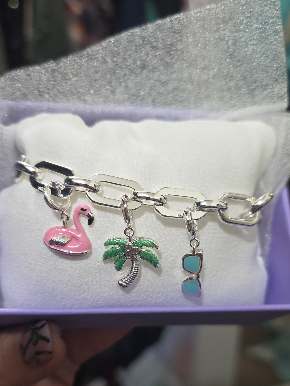 BOMB PARTY Charmelier Bracelet w Pink Flamingo, Green Palm & Blue Sunglasses NEW